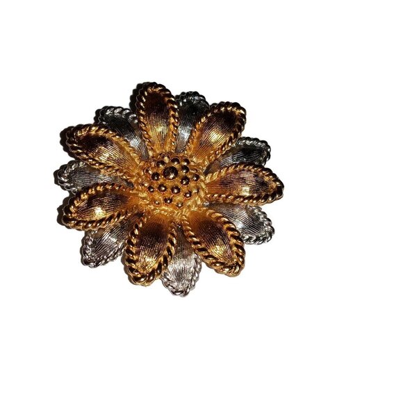 1960's Signed Napier Sunflower Brooch in Gold Tone and Rhodium Plated Metal - Picture 2 of 6